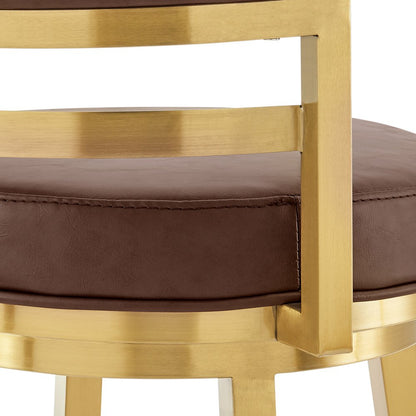30" Coffee And Gold Faux Leather And Steel Low Back Bar Height Swivel Bar Chair