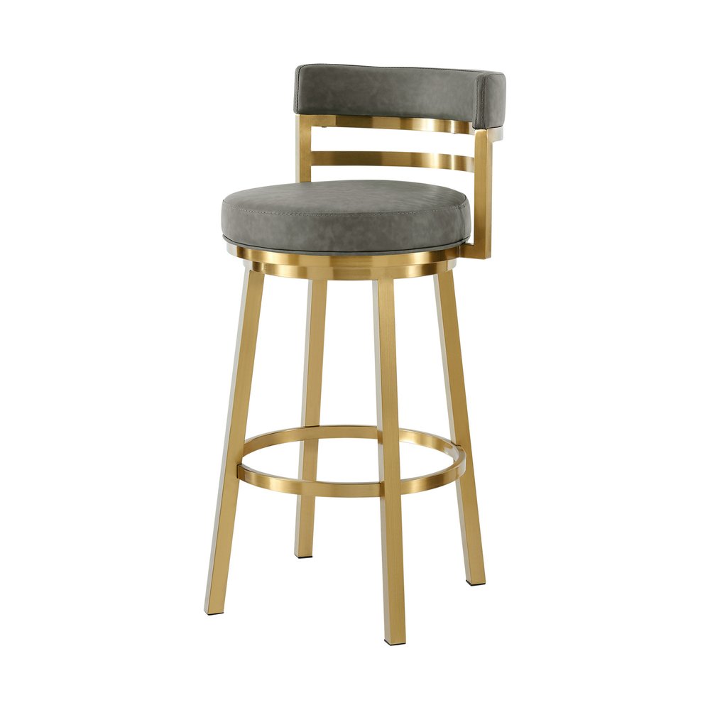 26" Gray And Gold Faux Leather And Steel Low Back Counter Height Swivel Bar Chair