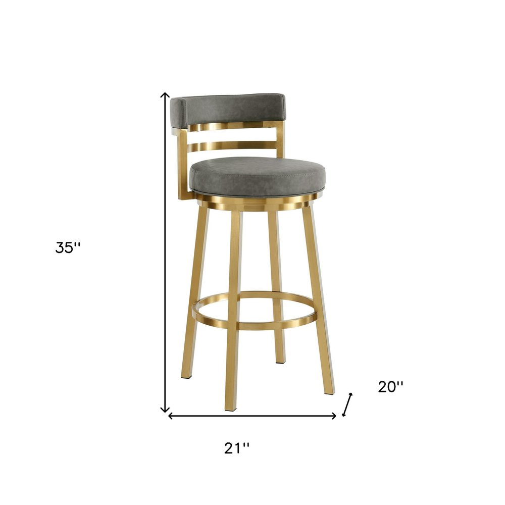 26" Gray And Gold Faux Leather And Steel Low Back Counter Height Swivel Bar Chair