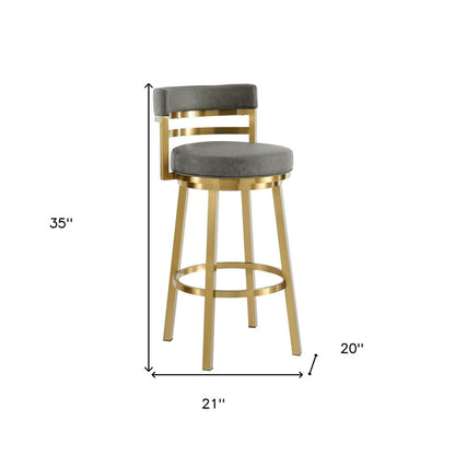 26" Gray And Gold Faux Leather And Steel Low Back Counter Height Swivel Bar Chair