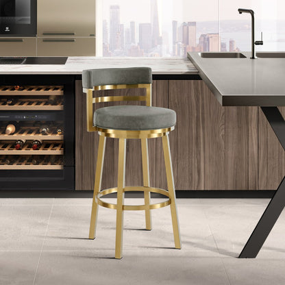 26" Gray And Gold Faux Leather And Steel Low Back Counter Height Swivel Bar Chair