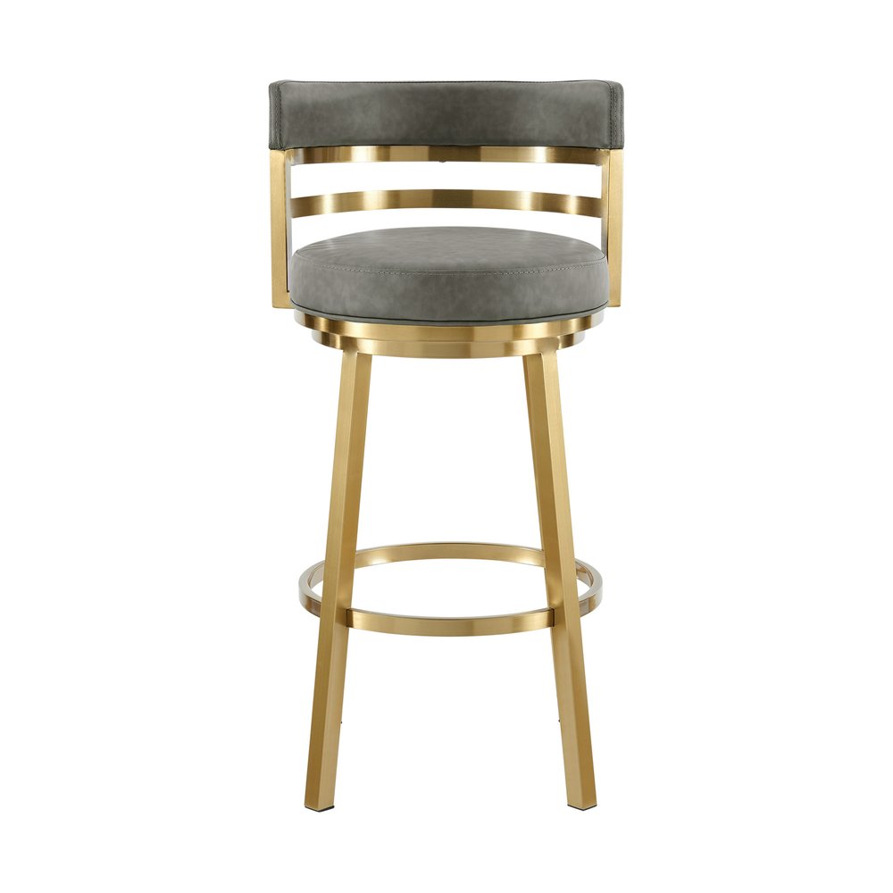 26" Gray And Gold Faux Leather And Steel Low Back Counter Height Swivel Bar Chair