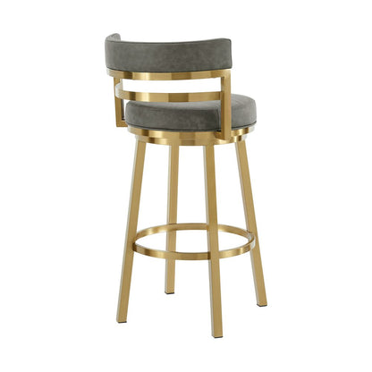 26" Gray And Gold Faux Leather And Steel Low Back Counter Height Swivel Bar Chair