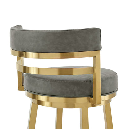 26" Gray And Gold Faux Leather And Steel Low Back Counter Height Swivel Bar Chair