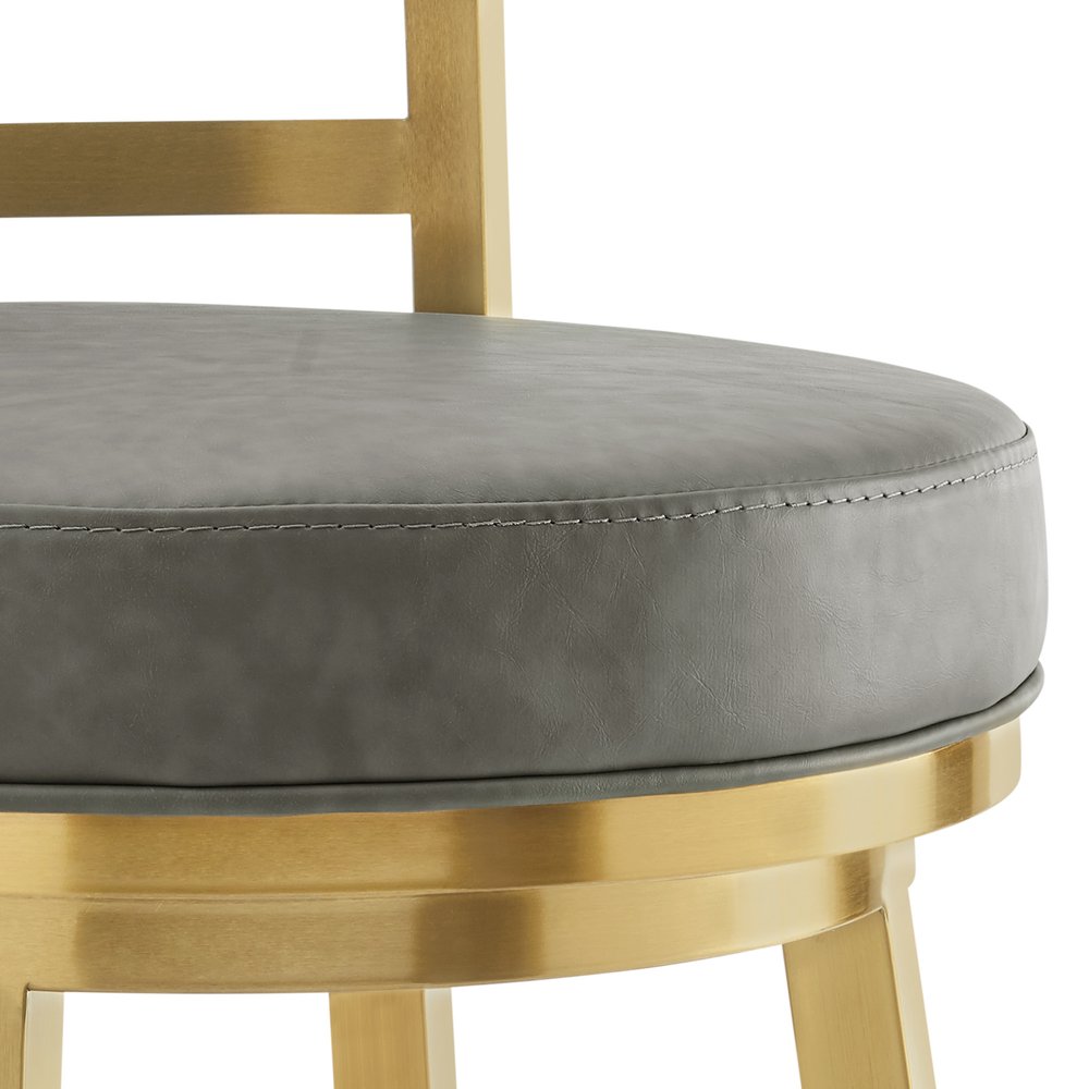 26" Gray And Gold Faux Leather And Steel Low Back Counter Height Swivel Bar Chair