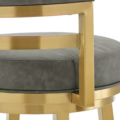 26" Gray And Gold Faux Leather And Steel Low Back Counter Height Swivel Bar Chair