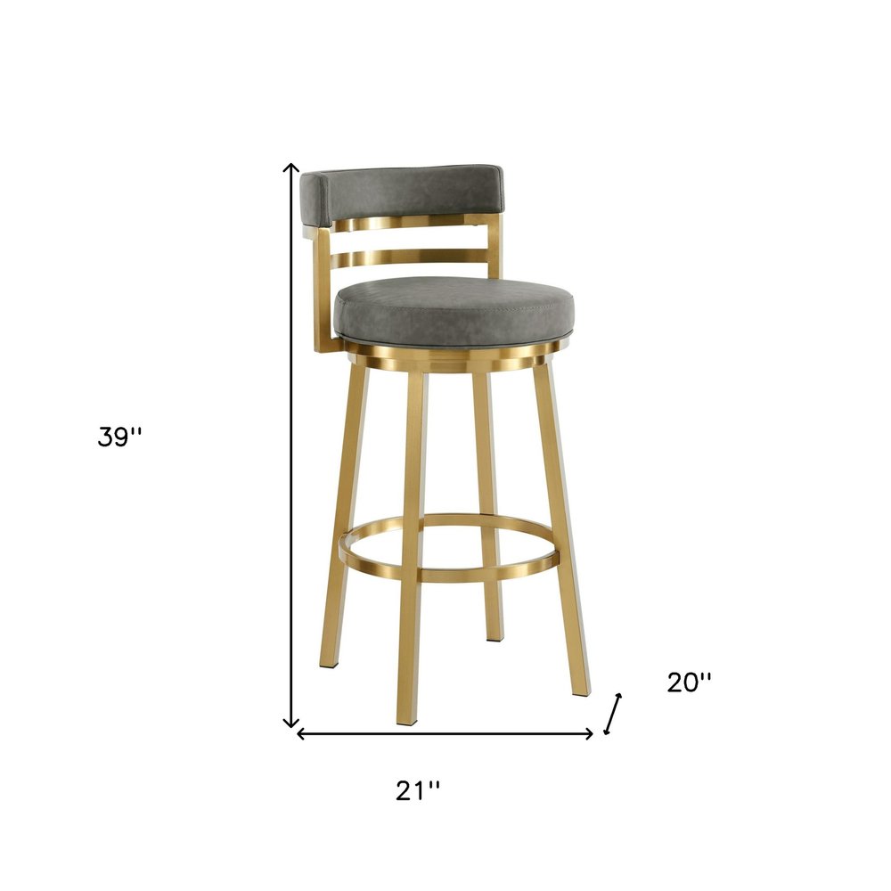 30" Gray And Gold Faux Leather And Steel Low Back Bar Height Swivel Bar Chair