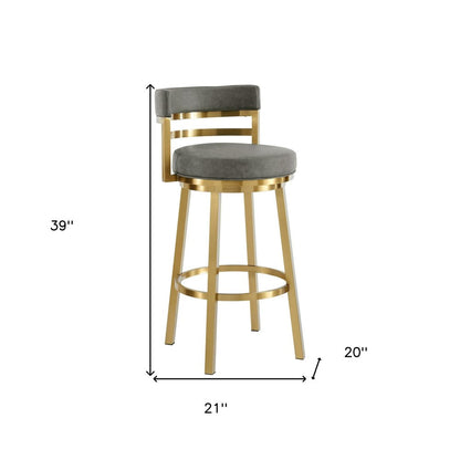 30" Gray And Gold Faux Leather And Steel Low Back Bar Height Swivel Bar Chair