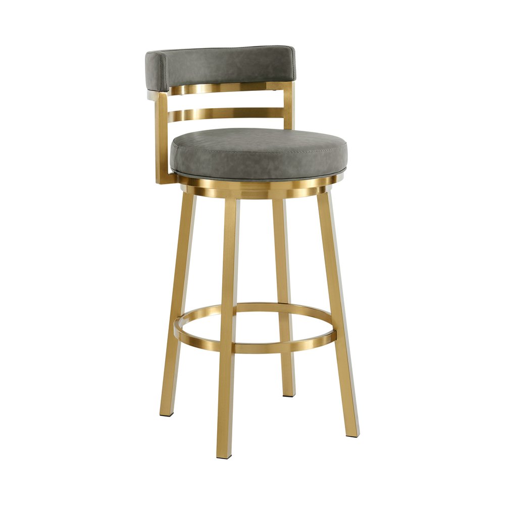 30" Gray And Gold Faux Leather And Steel Low Back Bar Height Swivel Bar Chair