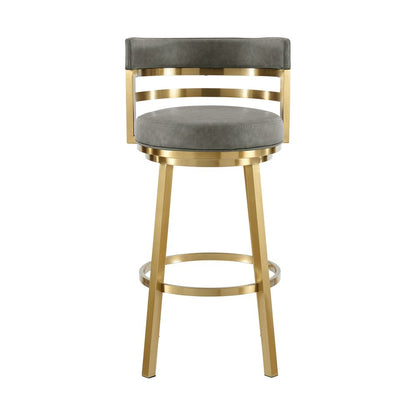 30" Gray And Gold Faux Leather And Steel Low Back Bar Height Swivel Bar Chair