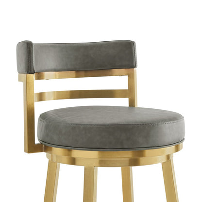 30" Gray And Gold Faux Leather And Steel Low Back Bar Height Swivel Bar Chair