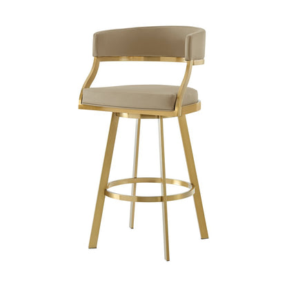 30" Sand And Gold Faux Leather And Steel Low Back Bar Height Swivel Bar Chair