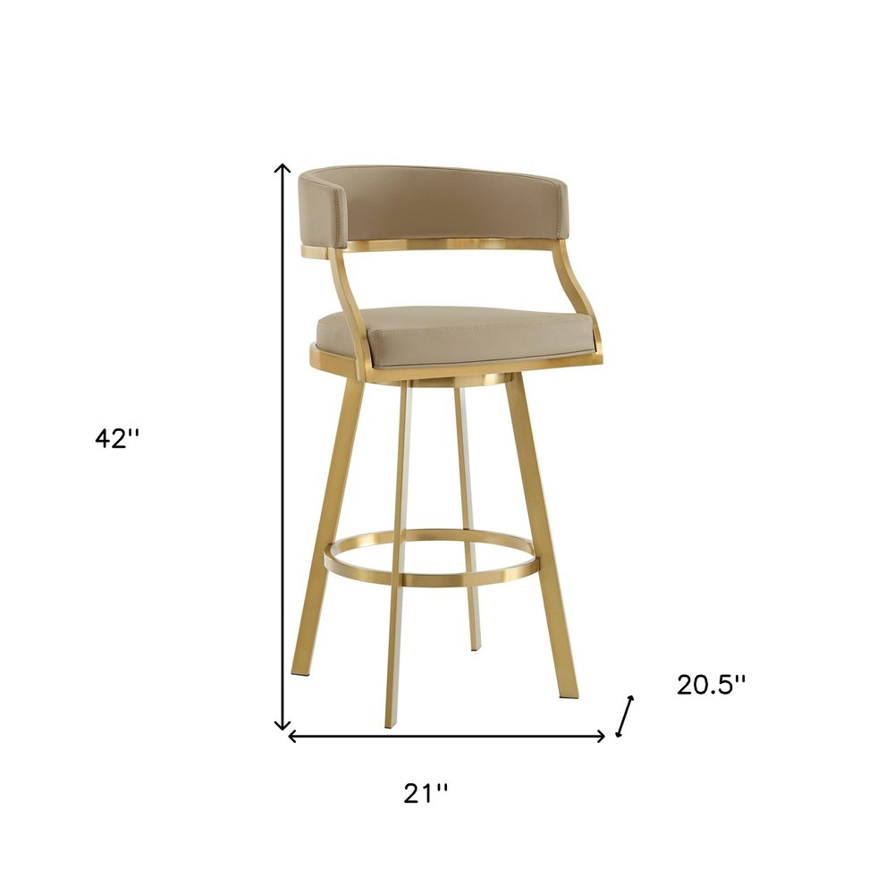 30" Sand And Gold Faux Leather And Steel Low Back Bar Height Swivel Bar Chair