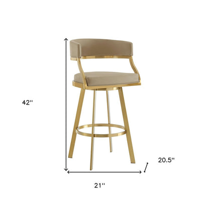 30" Sand And Gold Faux Leather And Steel Low Back Bar Height Swivel Bar Chair