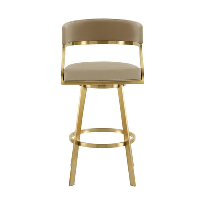 30" Sand And Gold Faux Leather And Steel Low Back Bar Height Swivel Bar Chair