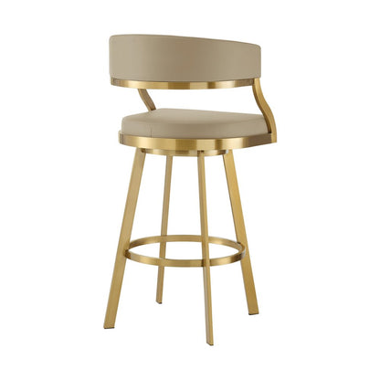 30" Sand And Gold Faux Leather And Steel Low Back Bar Height Swivel Bar Chair