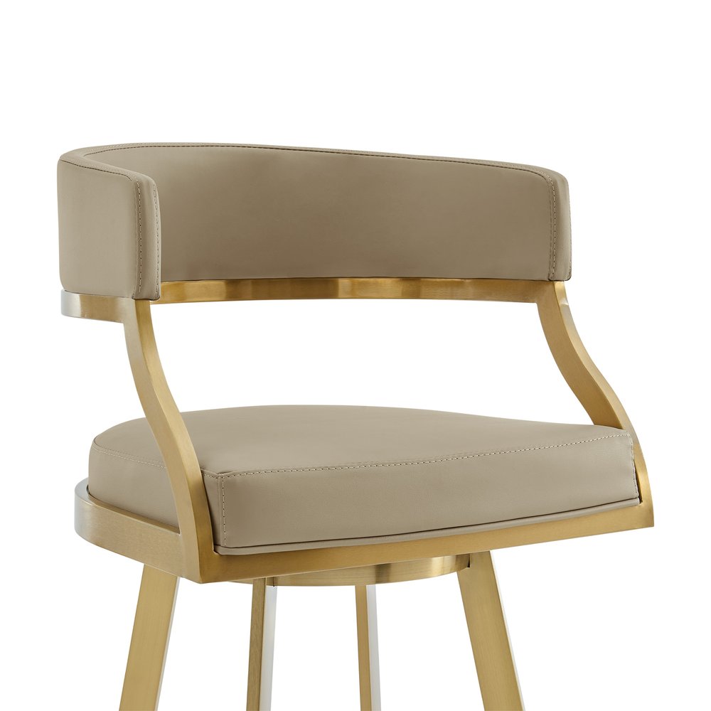 30" Sand And Gold Faux Leather And Steel Low Back Bar Height Swivel Bar Chair