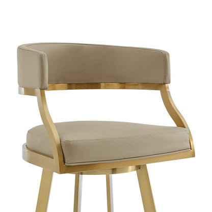 30" Sand And Gold Faux Leather And Steel Low Back Bar Height Swivel Bar Chair