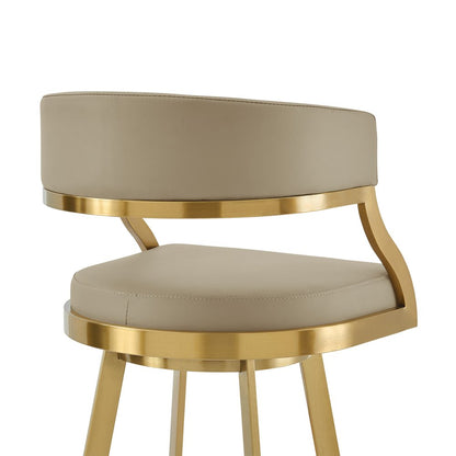 30" Sand And Gold Faux Leather And Steel Low Back Bar Height Swivel Bar Chair