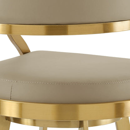 30" Sand And Gold Faux Leather And Steel Low Back Bar Height Swivel Bar Chair