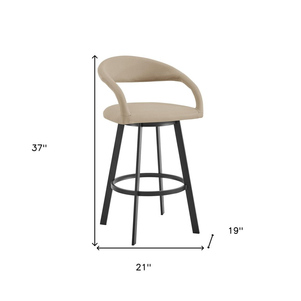 26" Beige And Black Faux Leather And Iron Low Back Counter Height Swivel Bar Chair