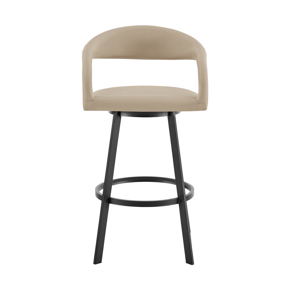 26" Beige And Black Faux Leather And Iron Low Back Counter Height Swivel Bar Chair