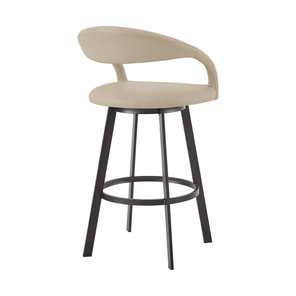 26" Beige And Black Faux Leather And Iron Low Back Counter Height Swivel Bar Chair