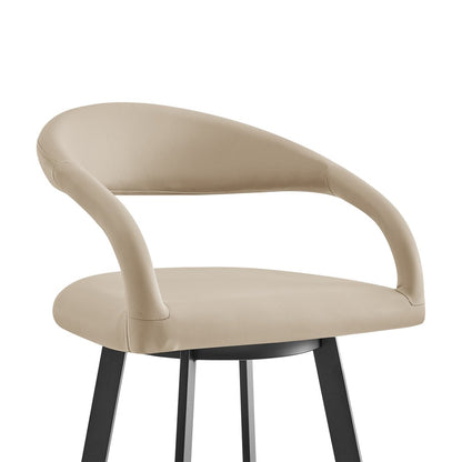26" Beige And Black Faux Leather And Iron Low Back Counter Height Swivel Bar Chair
