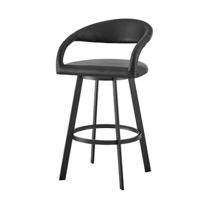 26" Black Faux Leather And Iron Low Back Counter Height Swivel Bar Chair