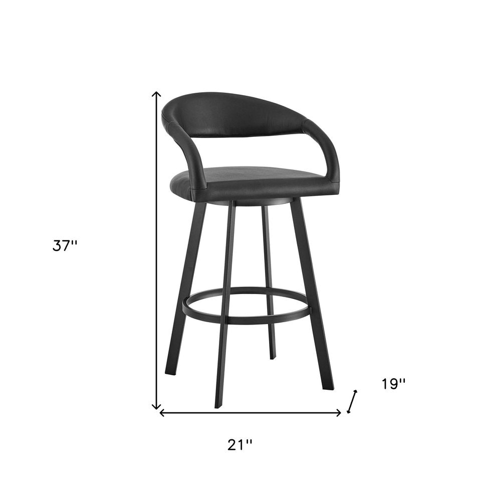 26" Black Faux Leather And Iron Low Back Counter Height Swivel Bar Chair