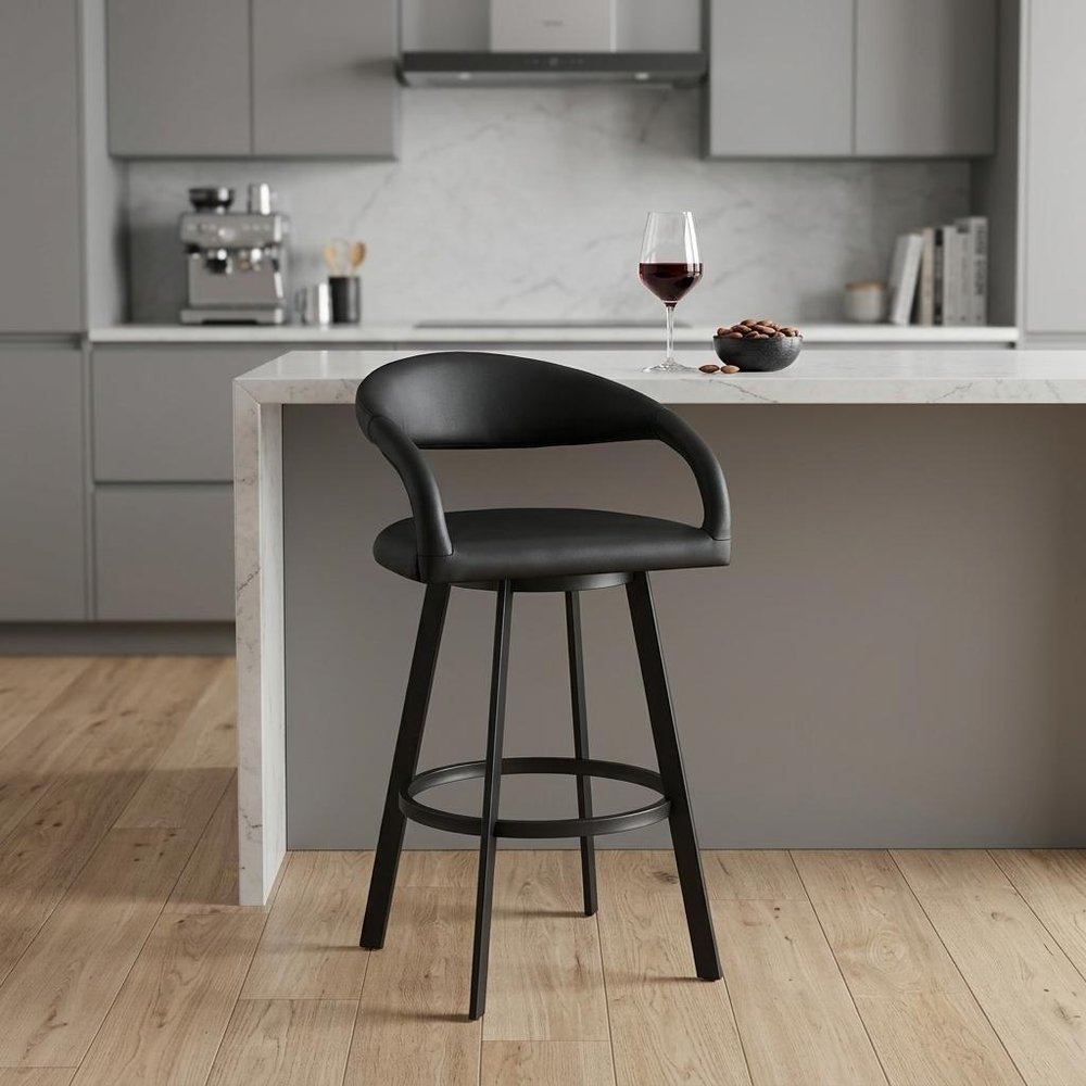 26" Black Faux Leather And Iron Low Back Counter Height Swivel Bar Chair