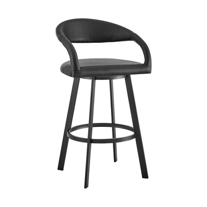 26" Black Faux Leather And Iron Low Back Counter Height Swivel Bar Chair