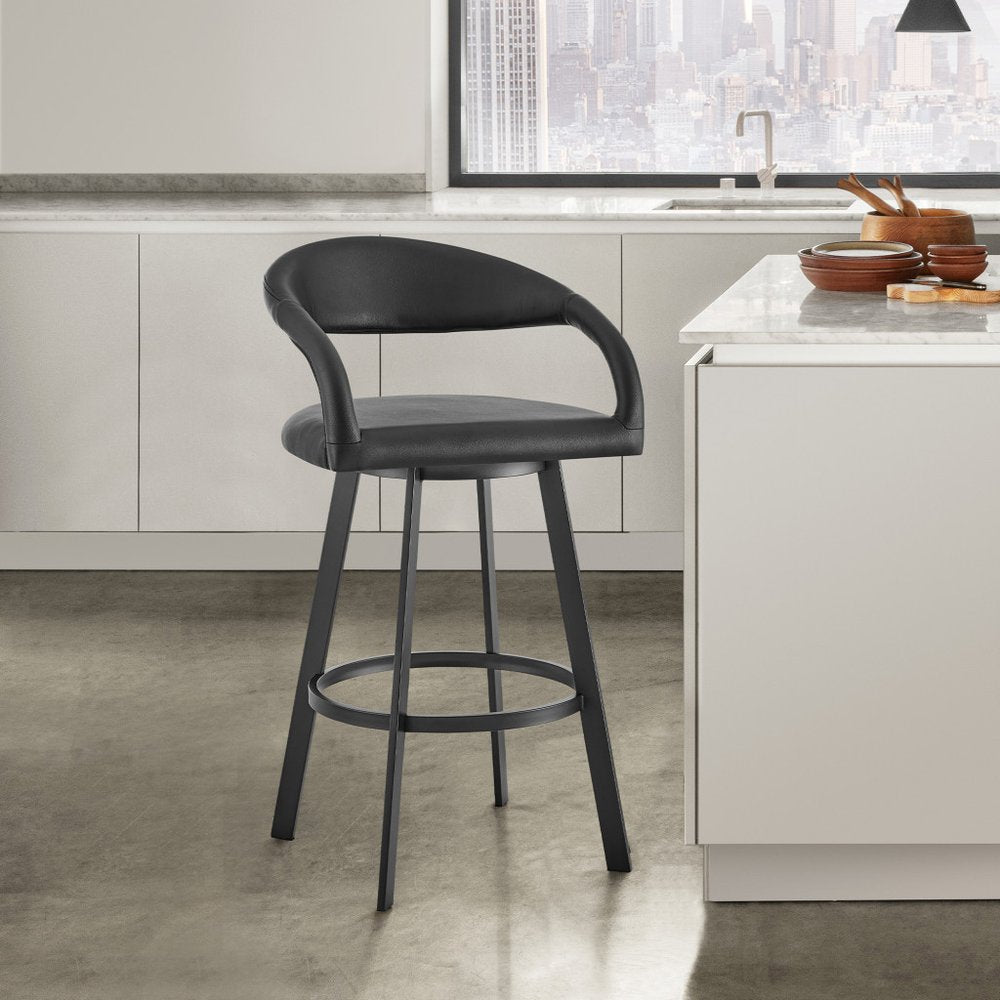 26" Black Faux Leather And Iron Low Back Counter Height Swivel Bar Chair