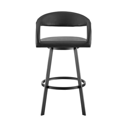26" Black Faux Leather And Iron Low Back Counter Height Swivel Bar Chair