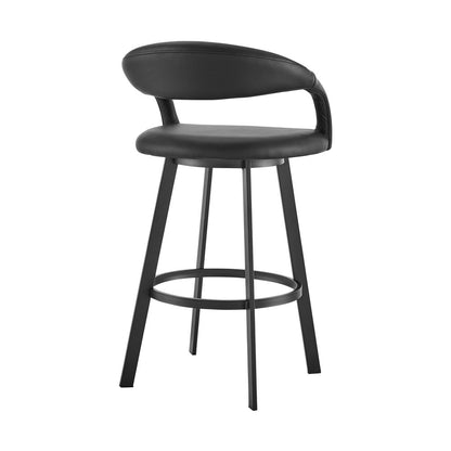 26" Black Faux Leather And Iron Low Back Counter Height Swivel Bar Chair