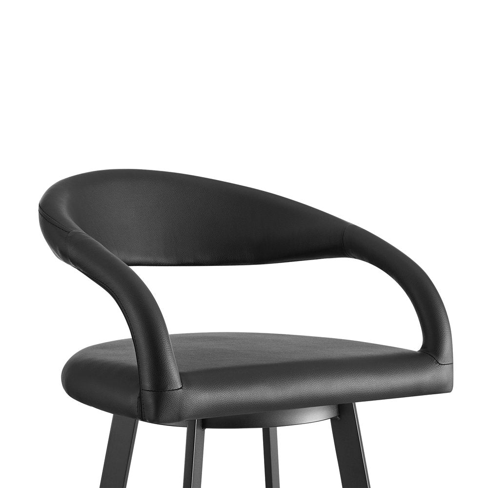 26" Black Faux Leather And Iron Low Back Counter Height Swivel Bar Chair