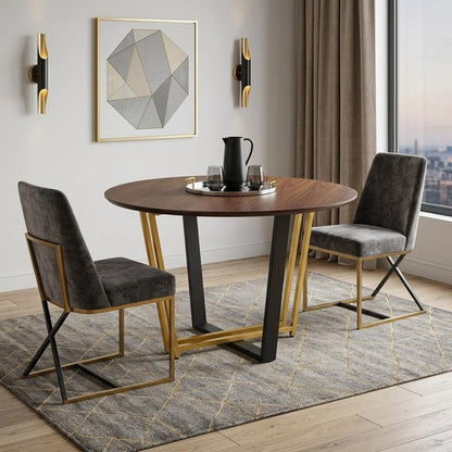 48" Brown And Gold Iron Sled Base Round Top Dining Table