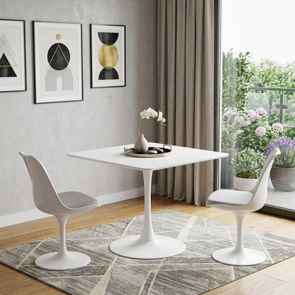 36" White Wood and Steel Pedestal Base Square Dining Table