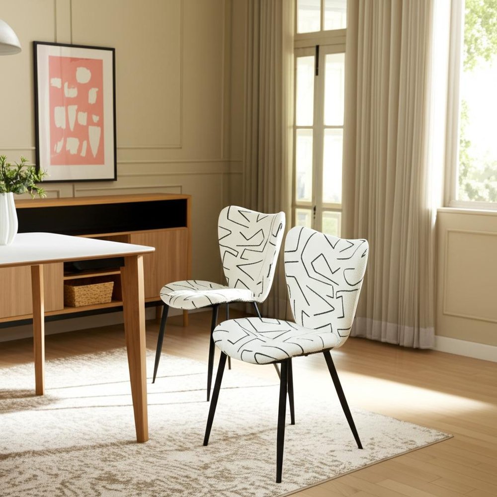 Set of Two White and Black Upholstered Faux Shearling Dining Side Chairs