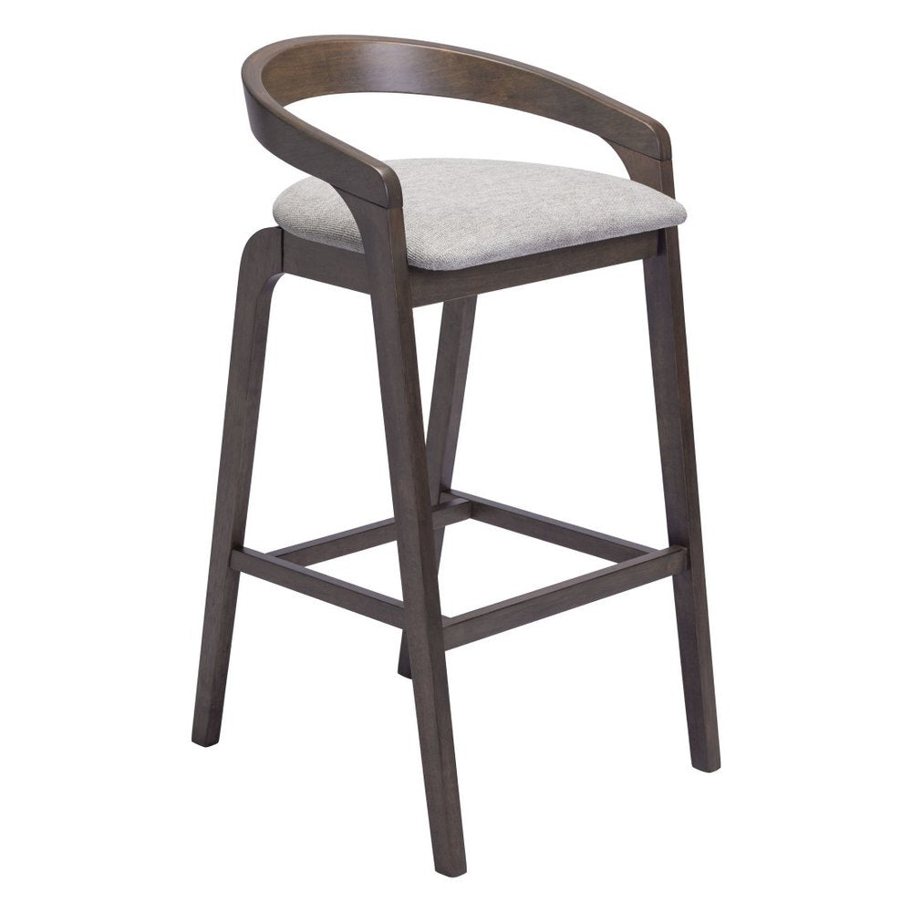 Set of Two 31" Gray And Espresso Fabric And Solid Wood Low Back Bar Height Bar Chairs