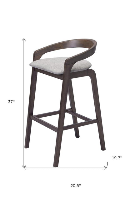 Set of Two 31" Gray And Espresso Fabric And Solid Wood Low Back Bar Height Bar Chairs