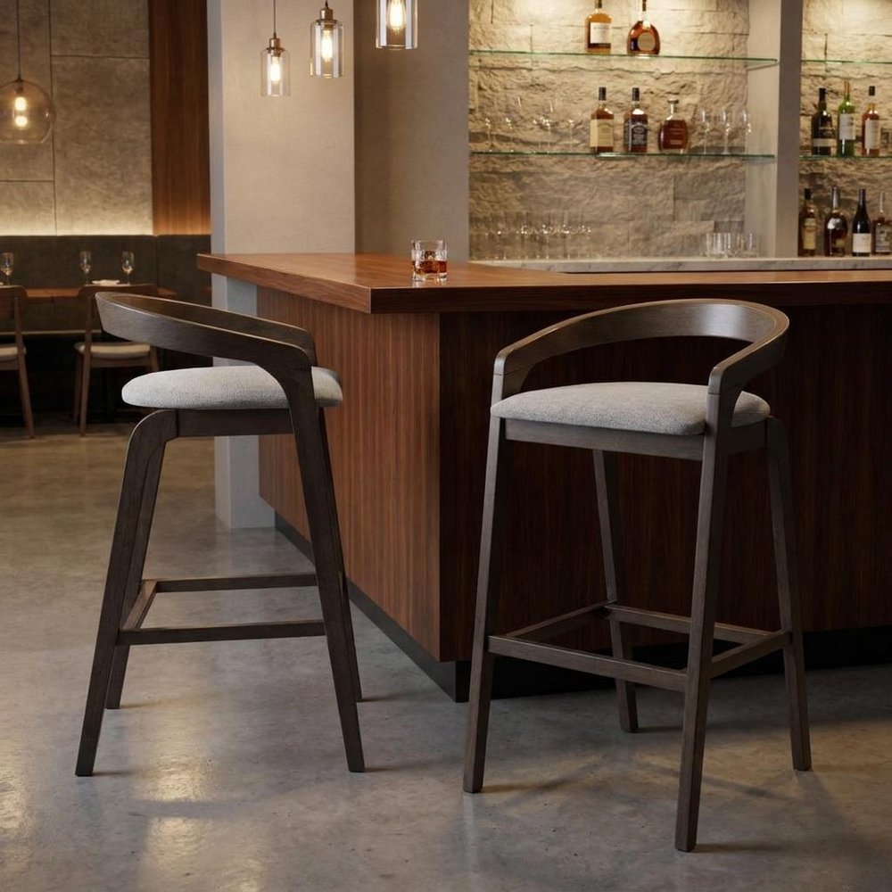 Set of Two 31" Gray And Espresso Fabric And Solid Wood Low Back Bar Height Bar Chairs