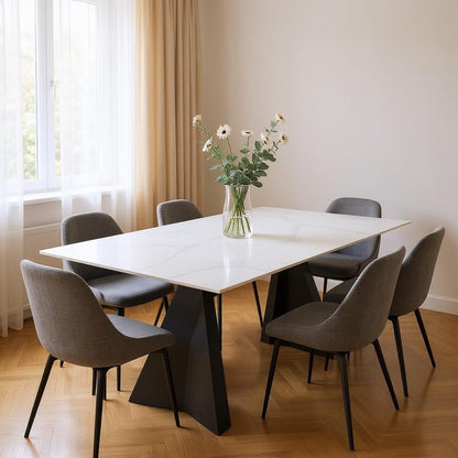 79" White and Black Sintered Stone and Steel Double Pedestal Base Dining Table