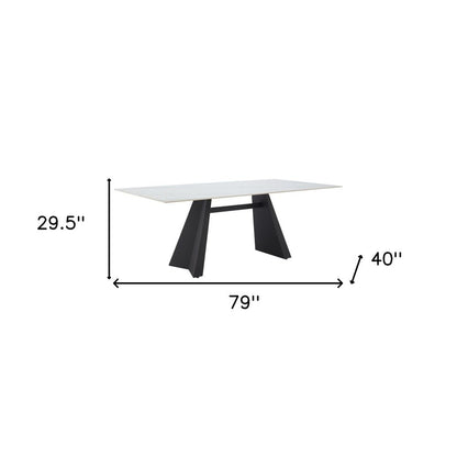 79" White and Black Sintered Stone and Steel Double Pedestal Base Dining Table