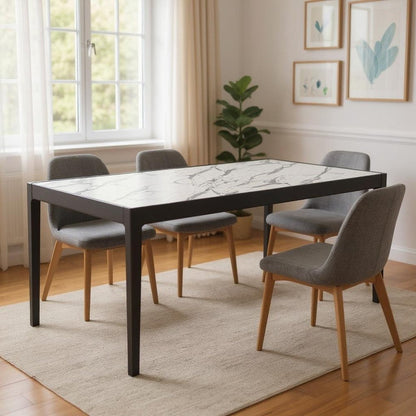 65" White and Black Faux Marble and Solid Wood Dining Table