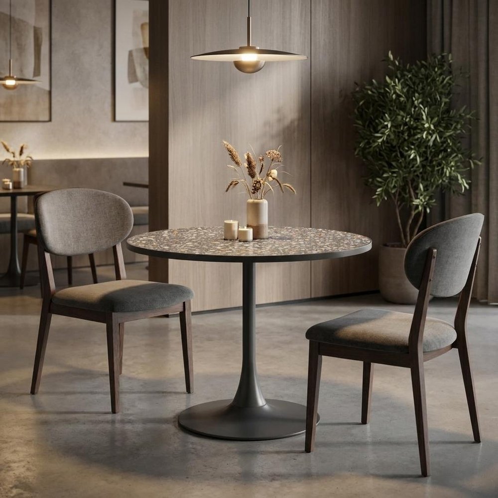 24" Black and Bronze Wood and Steel Pedestal Base Round Top Dining Table