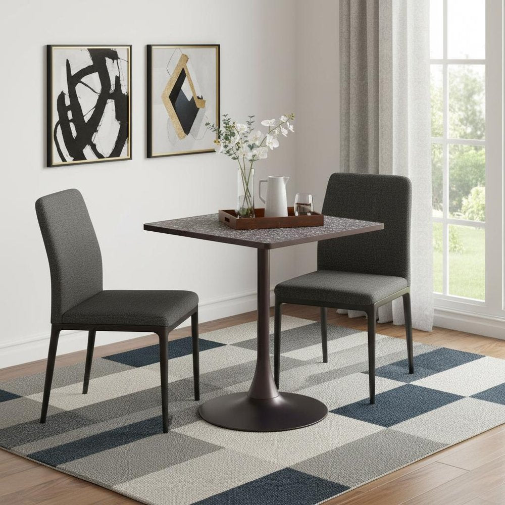 24" Black Wood and Steel Faux Terrazzo Pedestal Base Square Dining Table