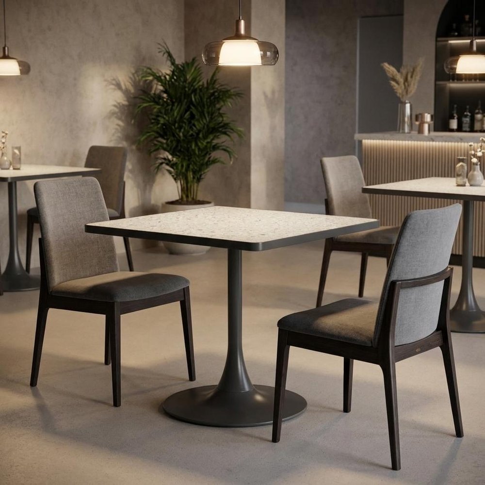 24" Gray Wood and Steel Faux Terrazzo Pedestal Base Square Dining Table