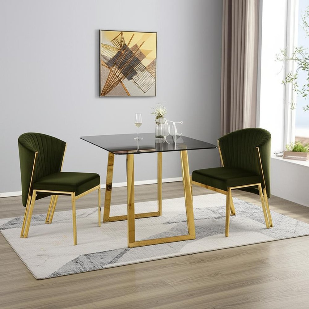 Set of Two Green and Gold Upholstered Velvet And Steel Wing Back Dining Side Chairs
