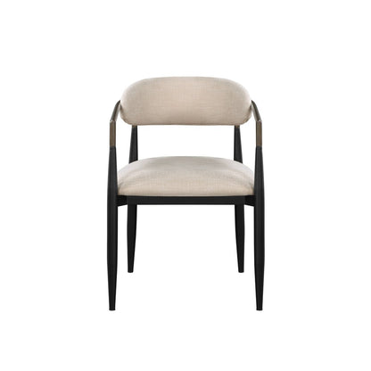 Set of Two Beige And Black Upholstered Fabric Open Back Dining Arm Chairs